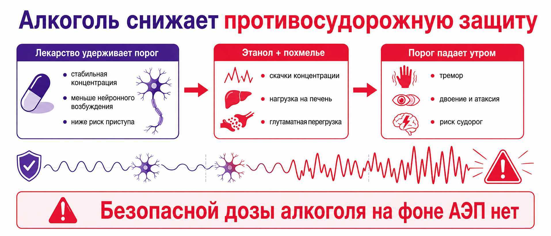 Инфографика о том, как алкоголь снижает противосудорожную защиту и повышает риск судорог утром